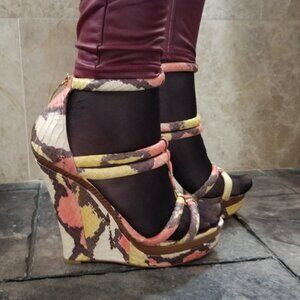 Colorful snake skin platform wedges with 6 inch heels
